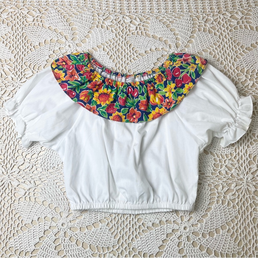 Vintage 1990s Hart Street Girls 12 Sunflower Fruit Print Ruffle Cropped Boho Top